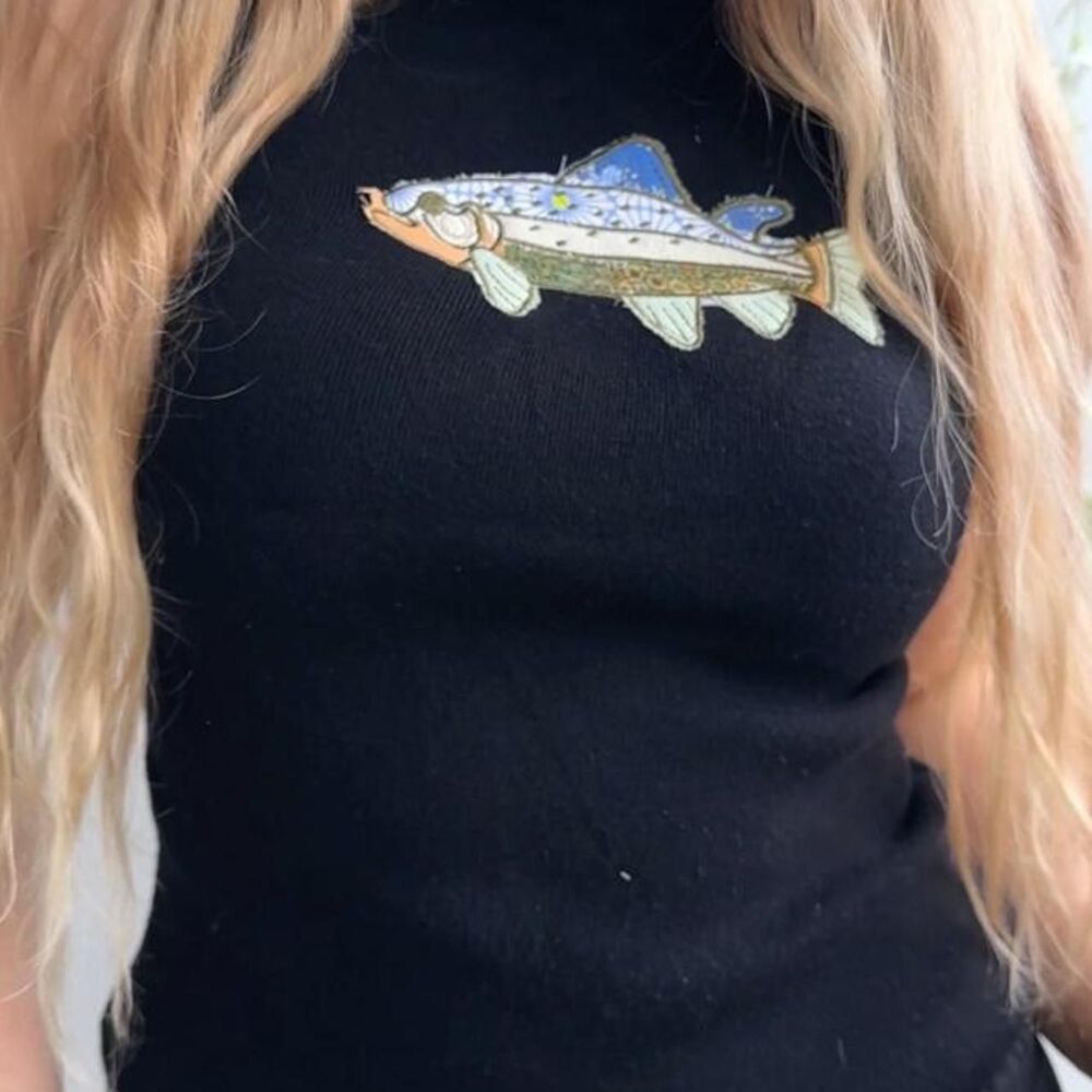 Upcycled patchwork fish embroidered black knit high neck tank top